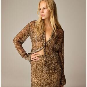 J.Crew Sheer Leopard Print Shirt Crinkle Chiffon Cupro Button Up Brown US 00 NWT